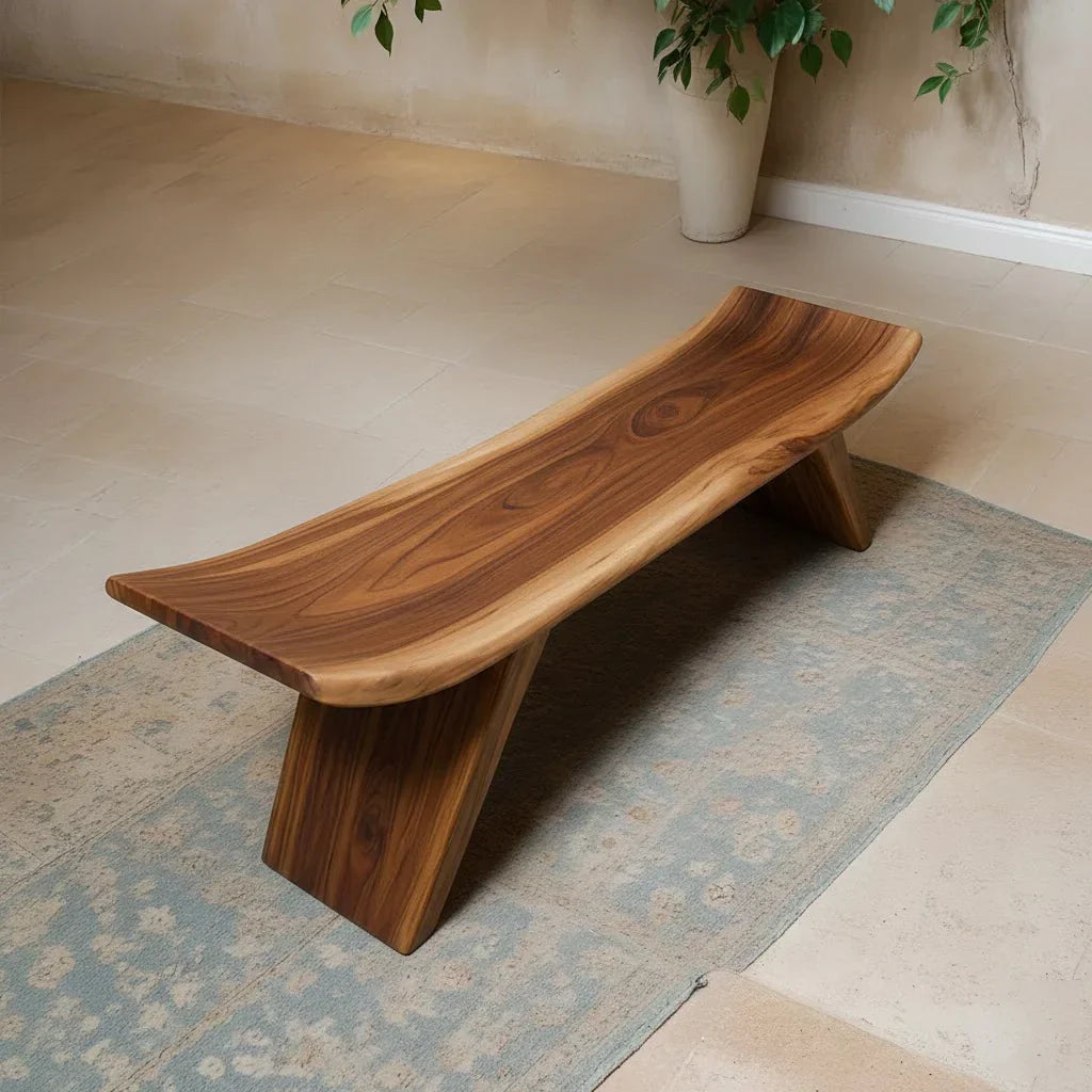 Sculpted Low-Profile Bench in Natural Solid Wood – Curved Edge Form - Rustirawood