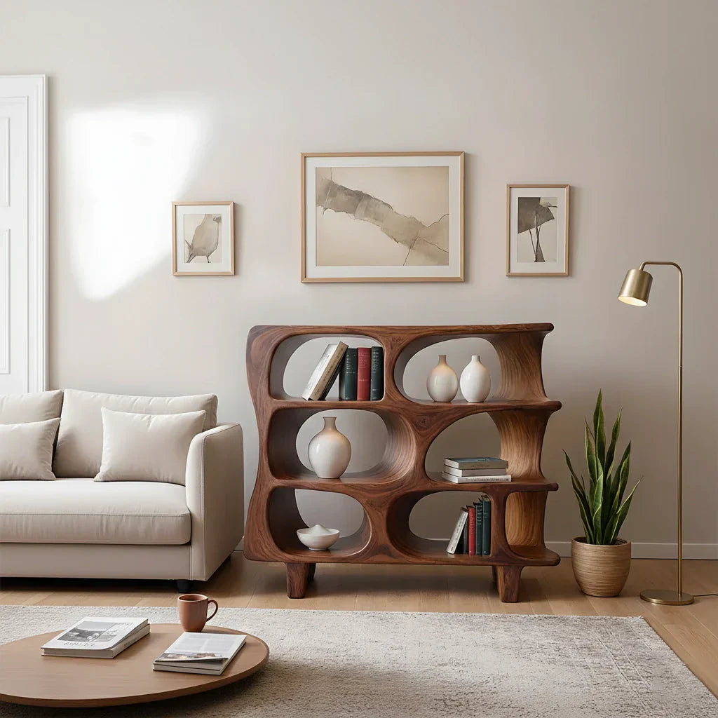 Sculpted Solid Wood Bookshelf – Contour Frame Edition - Rustirawood