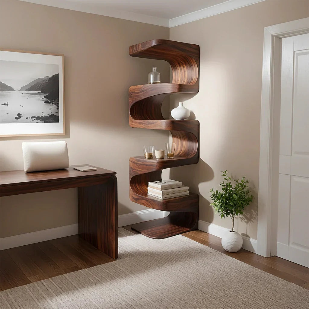 Sculpted Solid Wood Corner Bookshelf – Flow Form Edition - Rustirawood