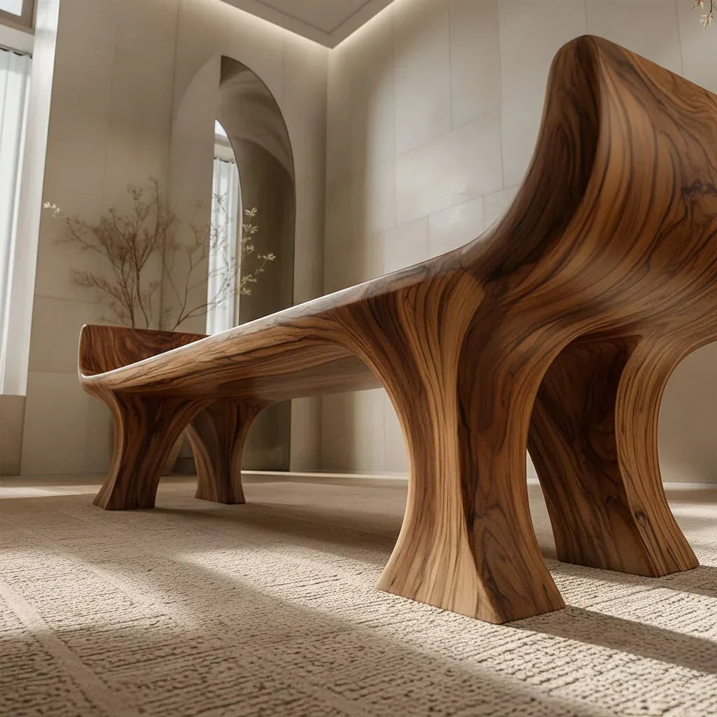 Sculpted Wing-End Bench in Natural Solid Wood - Rustirawood
