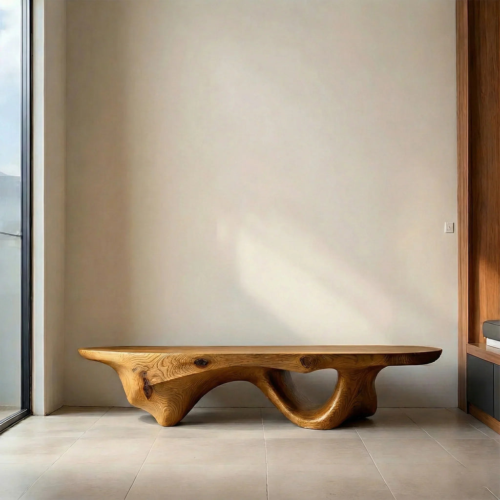 Sculptural Fluid-Form Solid Wood Bench – Modern Organic Art Piece - Rustirawood