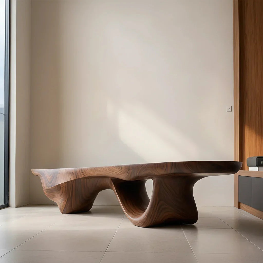 Sculptural Fluid-Form Solid Wood Bench – Modern Organic Art Piece - Rustirawood