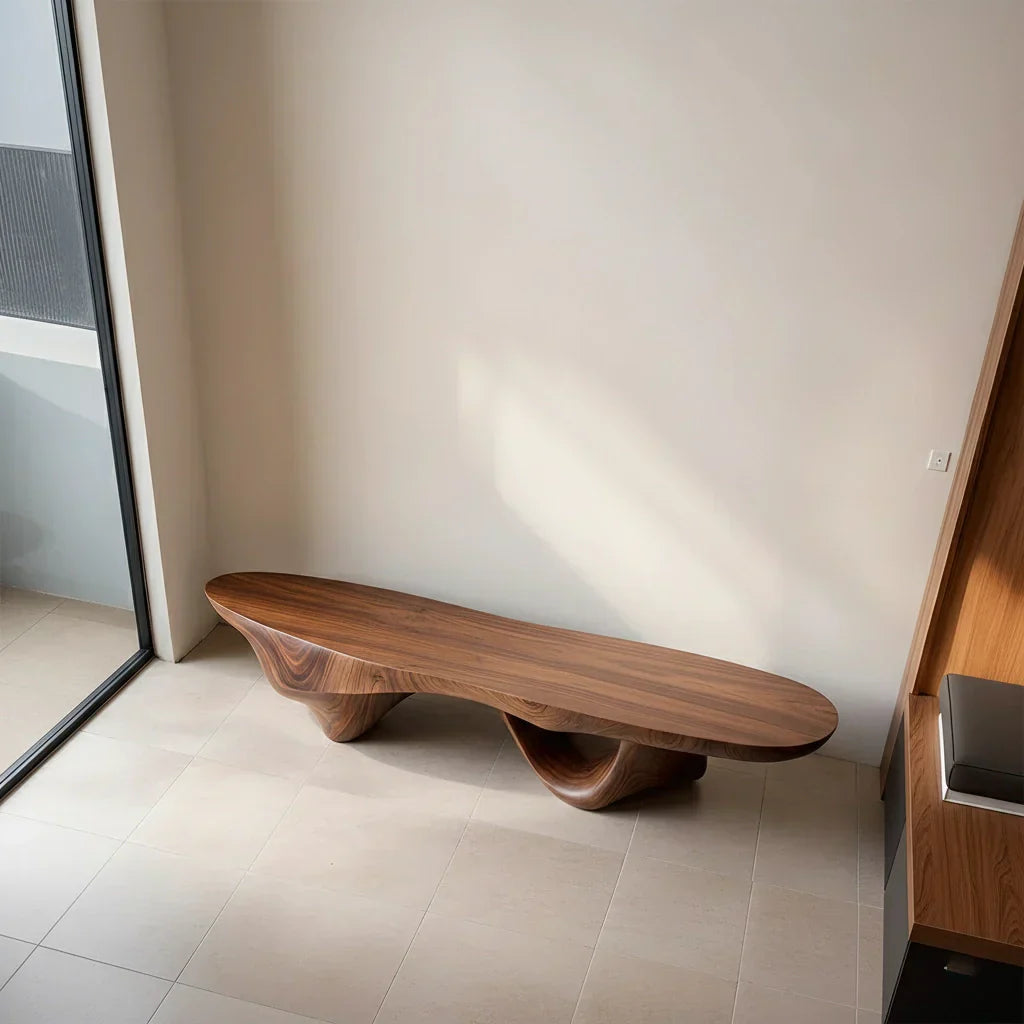 Sculptural Fluid-Form Solid Wood Bench – Modern Organic Art Piece - Rustirawood