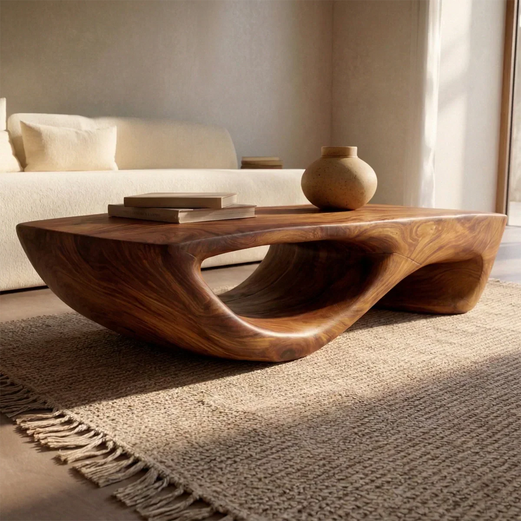 Sculptural Modern Coffee Table with Hollow Curve Base in Natural Solid Wood - Rustirawood