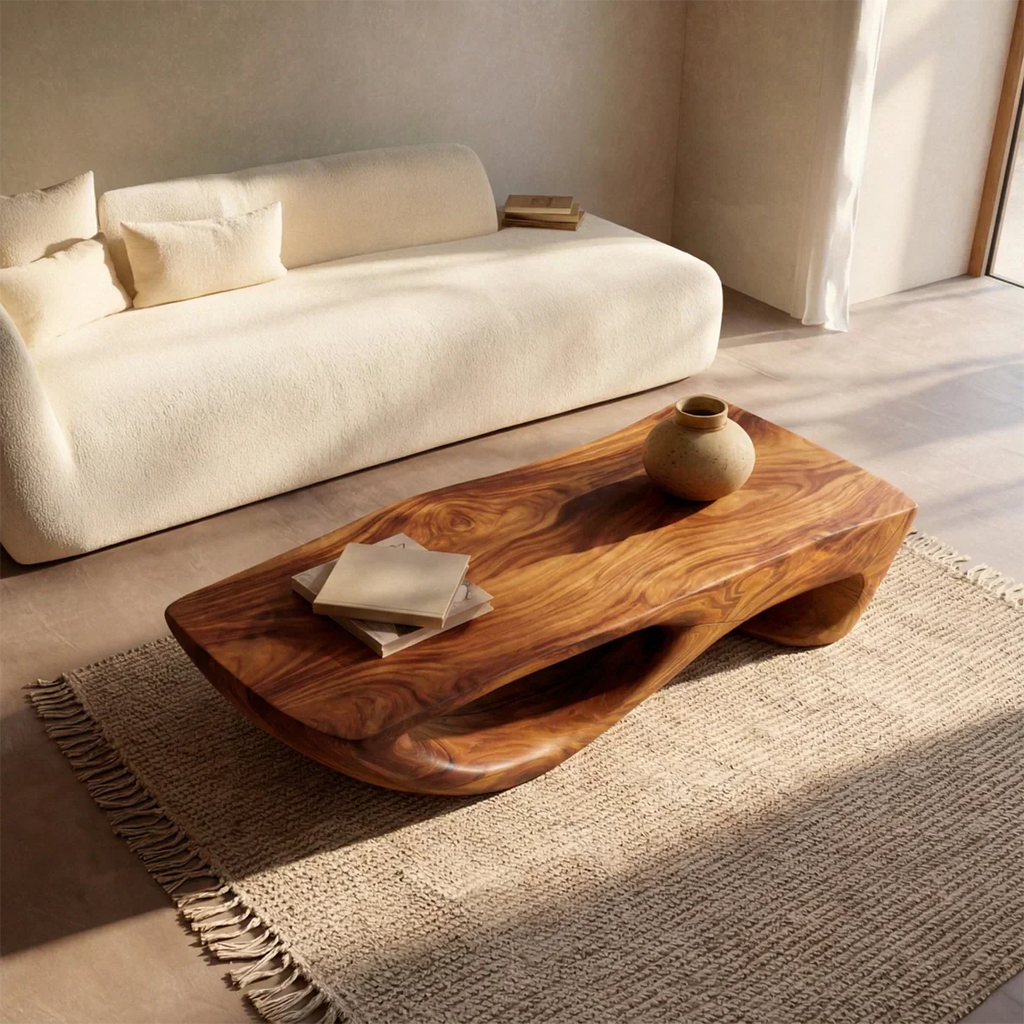 Sculptural Modern Coffee Table with Hollow Curve Base in Natural Solid Wood - Rustirawood