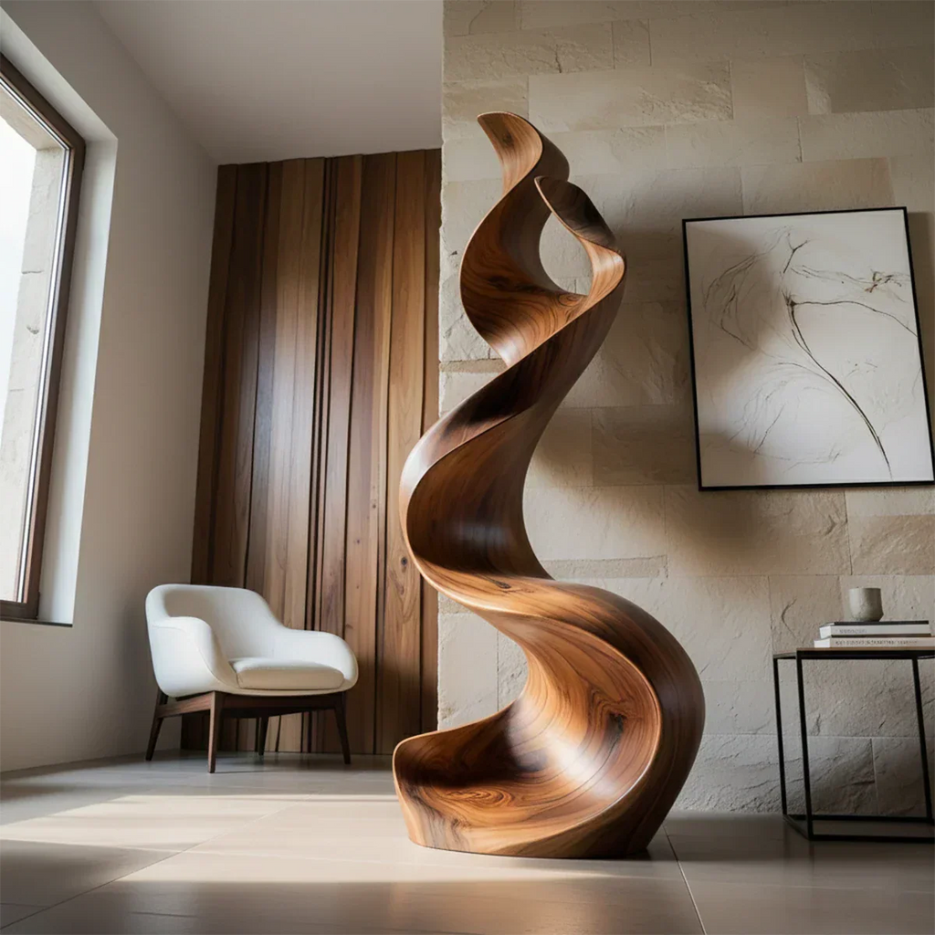 Sculptural Natural Solid Wood Floor Art — Handcarved Organic Twist Form - Rustirawood