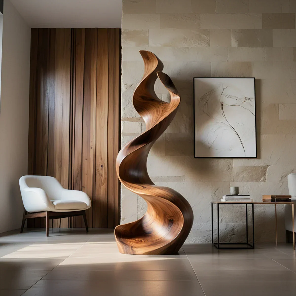 Sculptural Natural Solid Wood Floor Art — Handcarved Organic Twist Form - Rustirawood