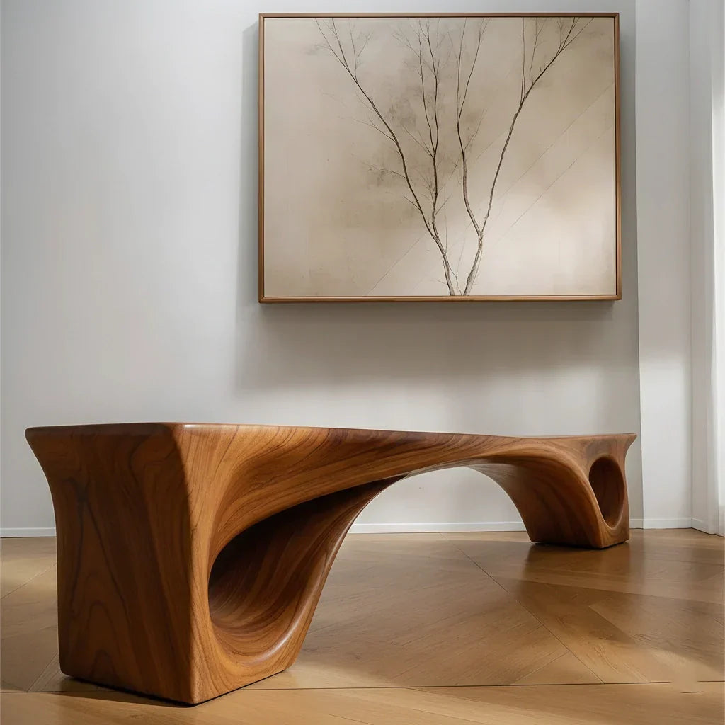 Sculptural Solid Wood Bench – Fluid Modern Form - Rustirawood