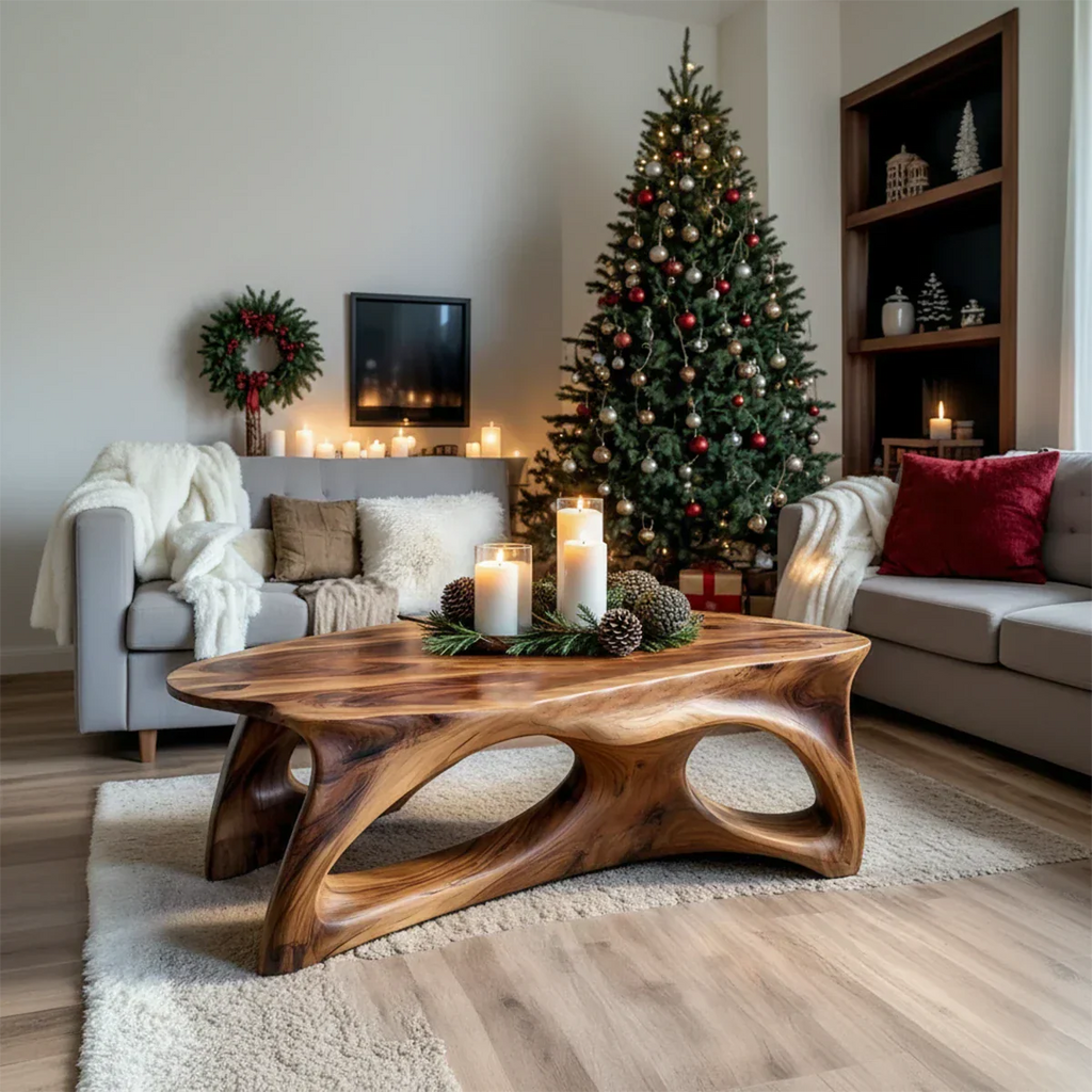 Sculptural Solid Wood Coffee Table – Handcrafted Natural Finish - Rustirawood