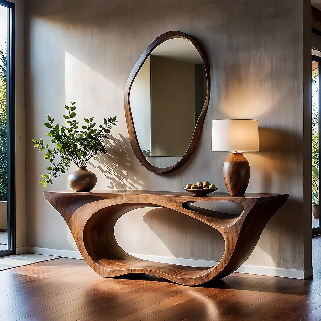 Sculptural Walnut Finish Console Table – Double Loop Wood Design - Rustirawood