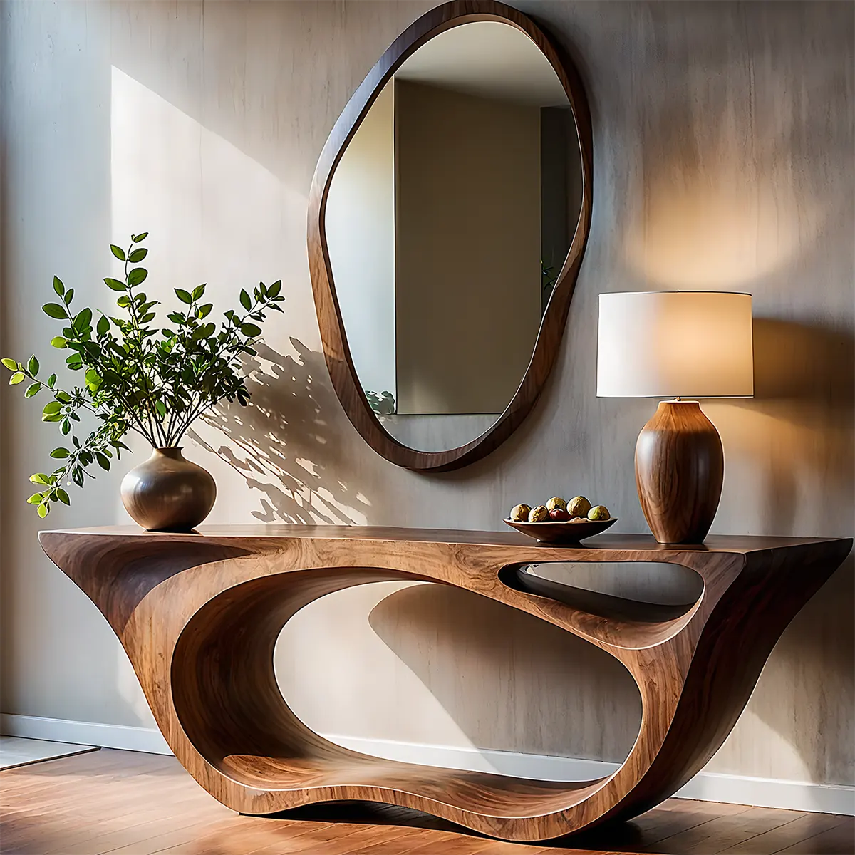 Sculptural Walnut Finish Console Table – Double Loop Wood Design - Rustirawood