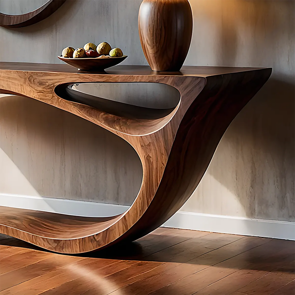 Sculptural Walnut Finish Console Table – Double Loop Wood Design - Rustirawood