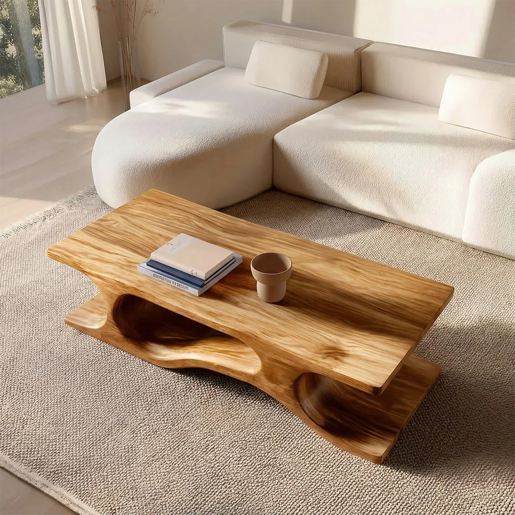 Sculptural Wave Base Coffee Table in Organic Natural Solid Wood - Rustirawood