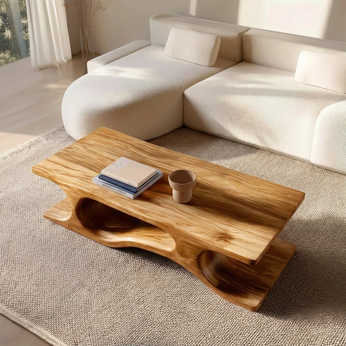 Sculptural Wave Base Coffee Table in Organic Natural Solid Wood - Rustirawood