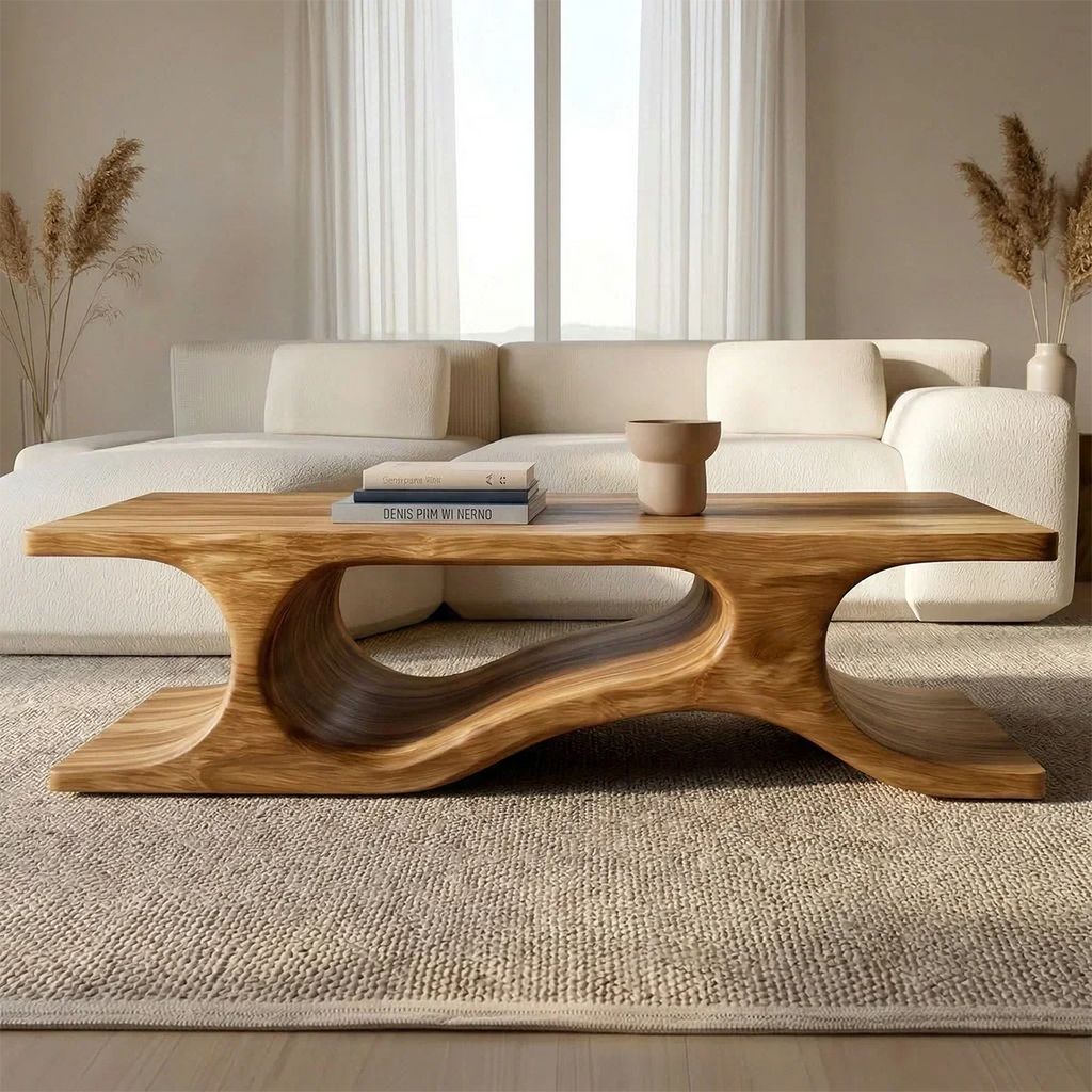 Sculptural Wave Base Coffee Table in Organic Natural Solid Wood - Rustirawood