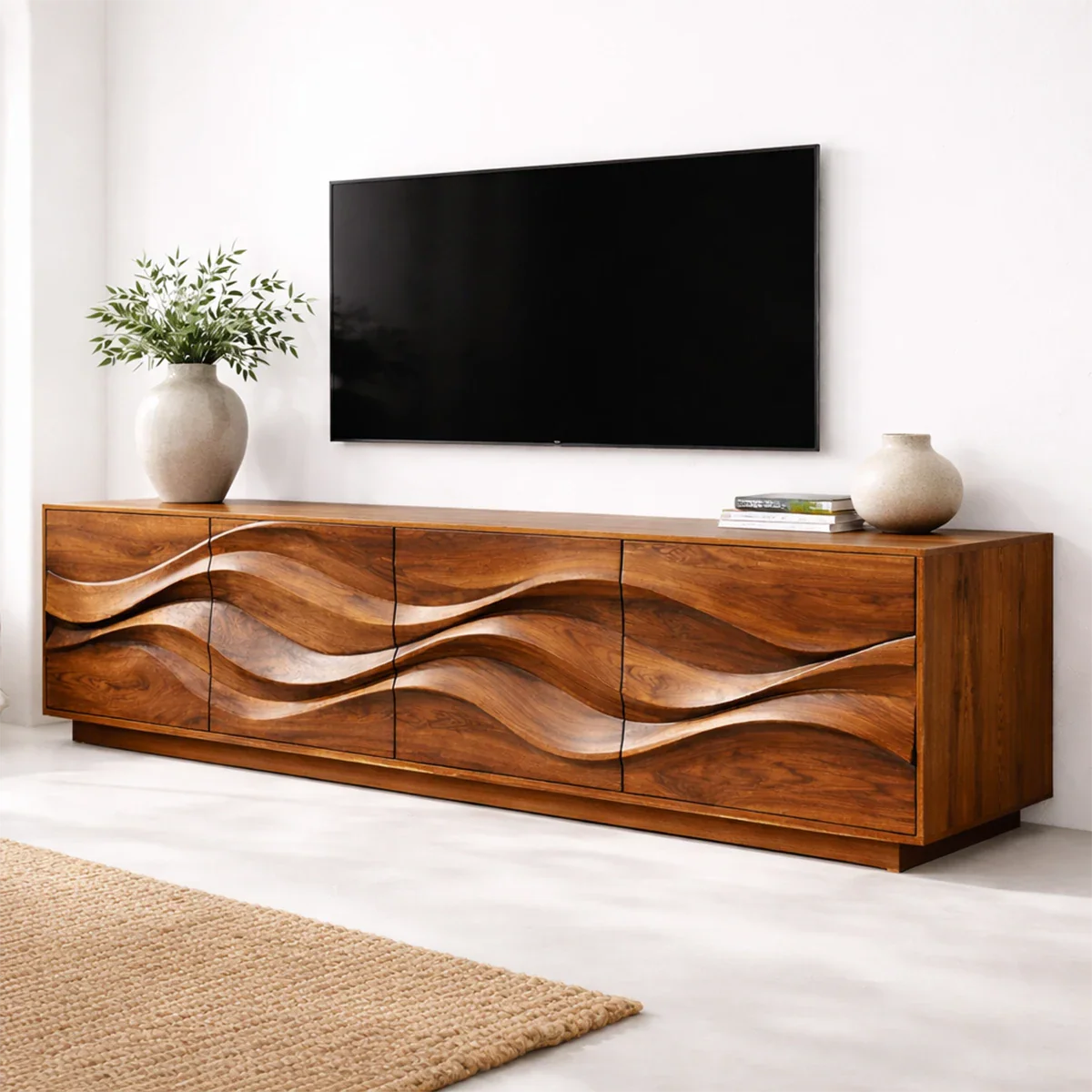 Sculptural Wave Front Solid Wood TV Stand with Storage Cabinets - Rustirawood