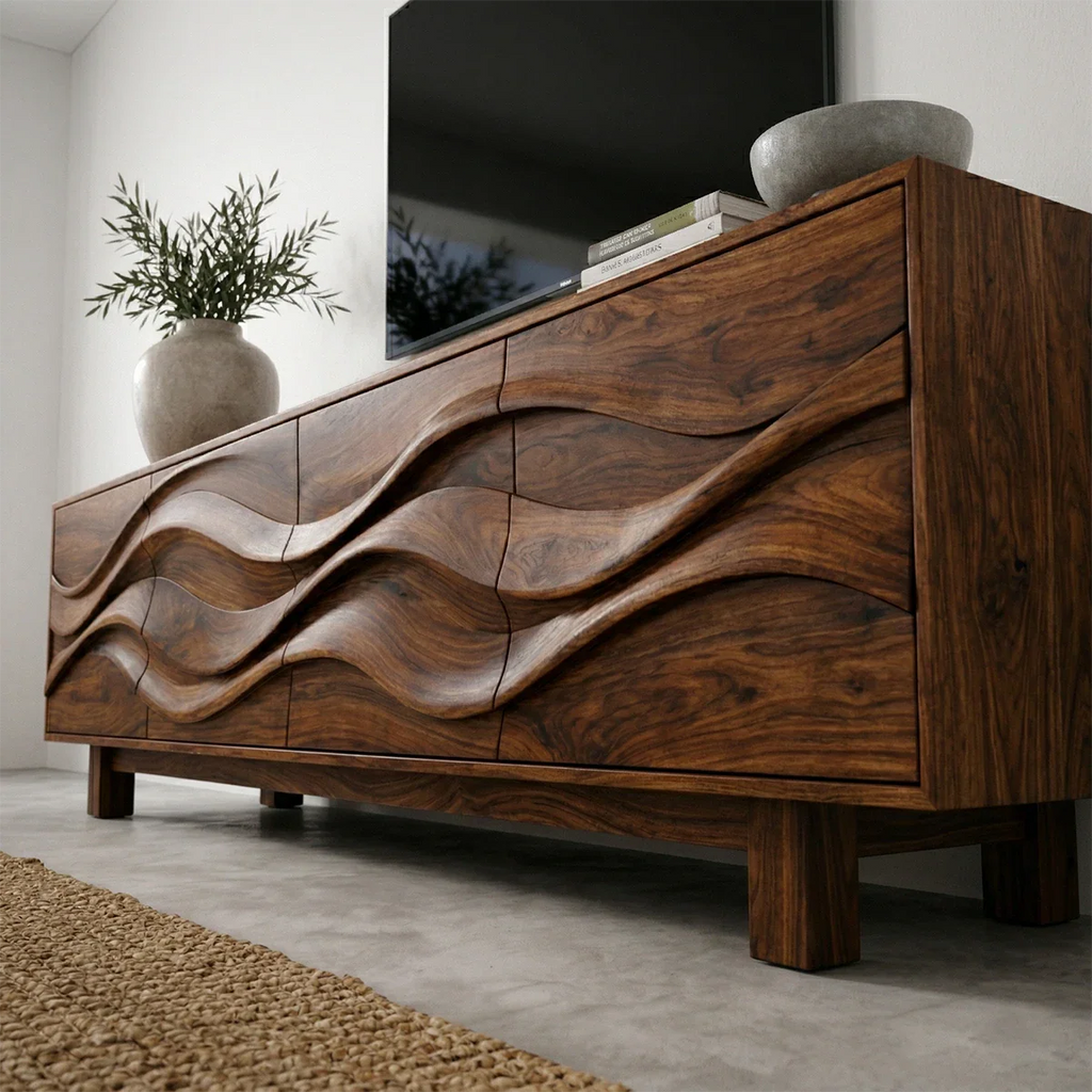 Sculptural Wave Front Solid Wood TV Stand with Storage Cabinets - Rustirawood