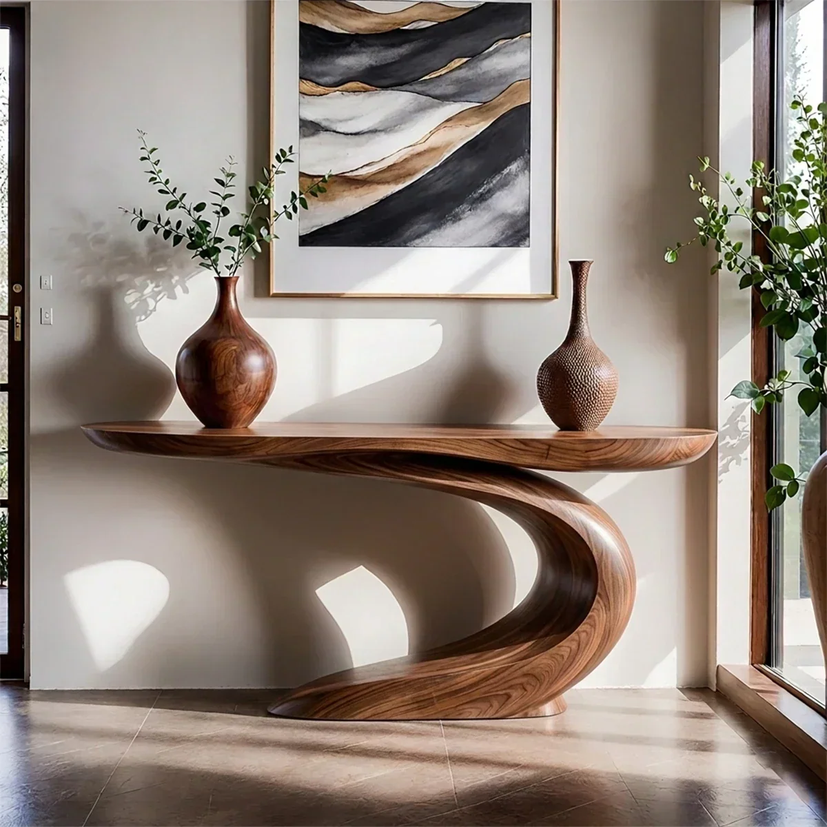 Solid Walnut Finish Wave Console Table – Modern Sculptural Design - Rustirawood