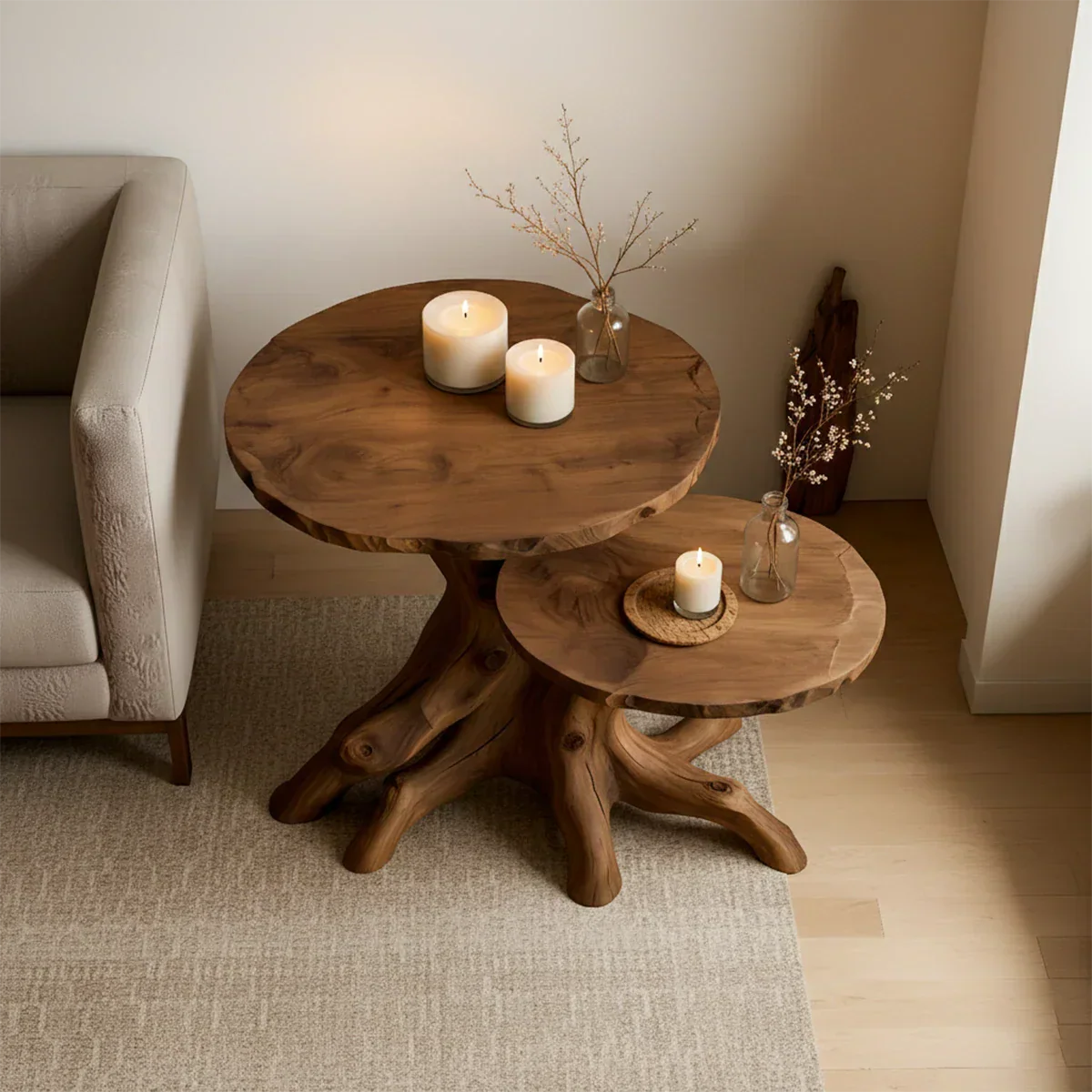 Solid Wood Accent Table Set – Modern Sculptural Rooted Branchform Design - Rustirawood