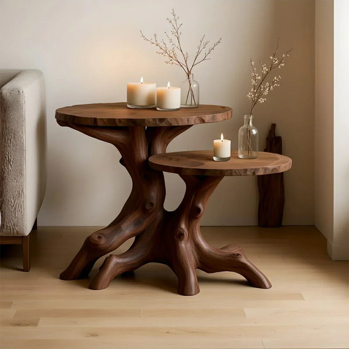 Solid Wood Accent Table Set – Modern Sculptural Rooted Branchform Design - Rustirawood