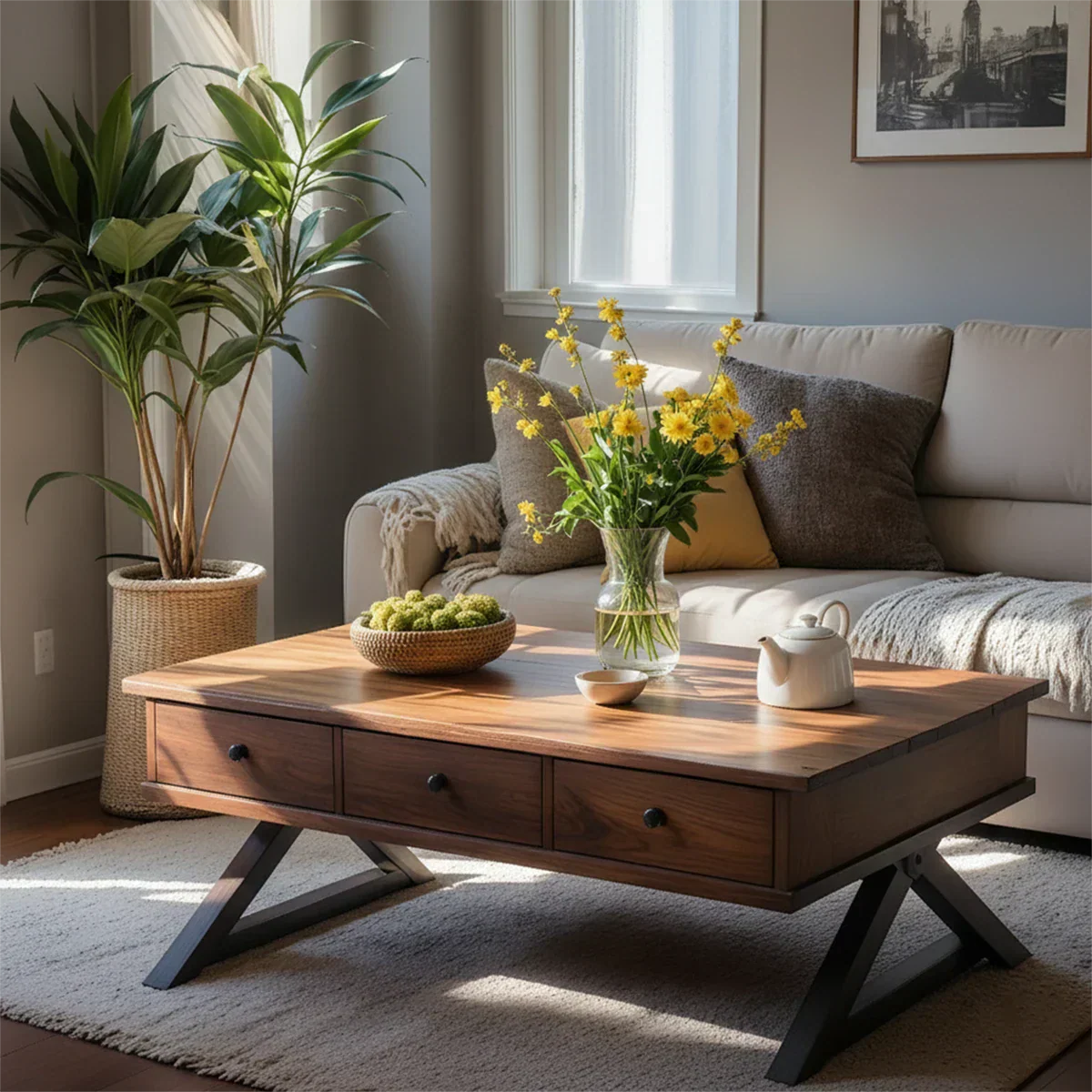 Solid Wood Coffee Table with Drawers – Minimalist Storage Coffee Table - Rustirawood