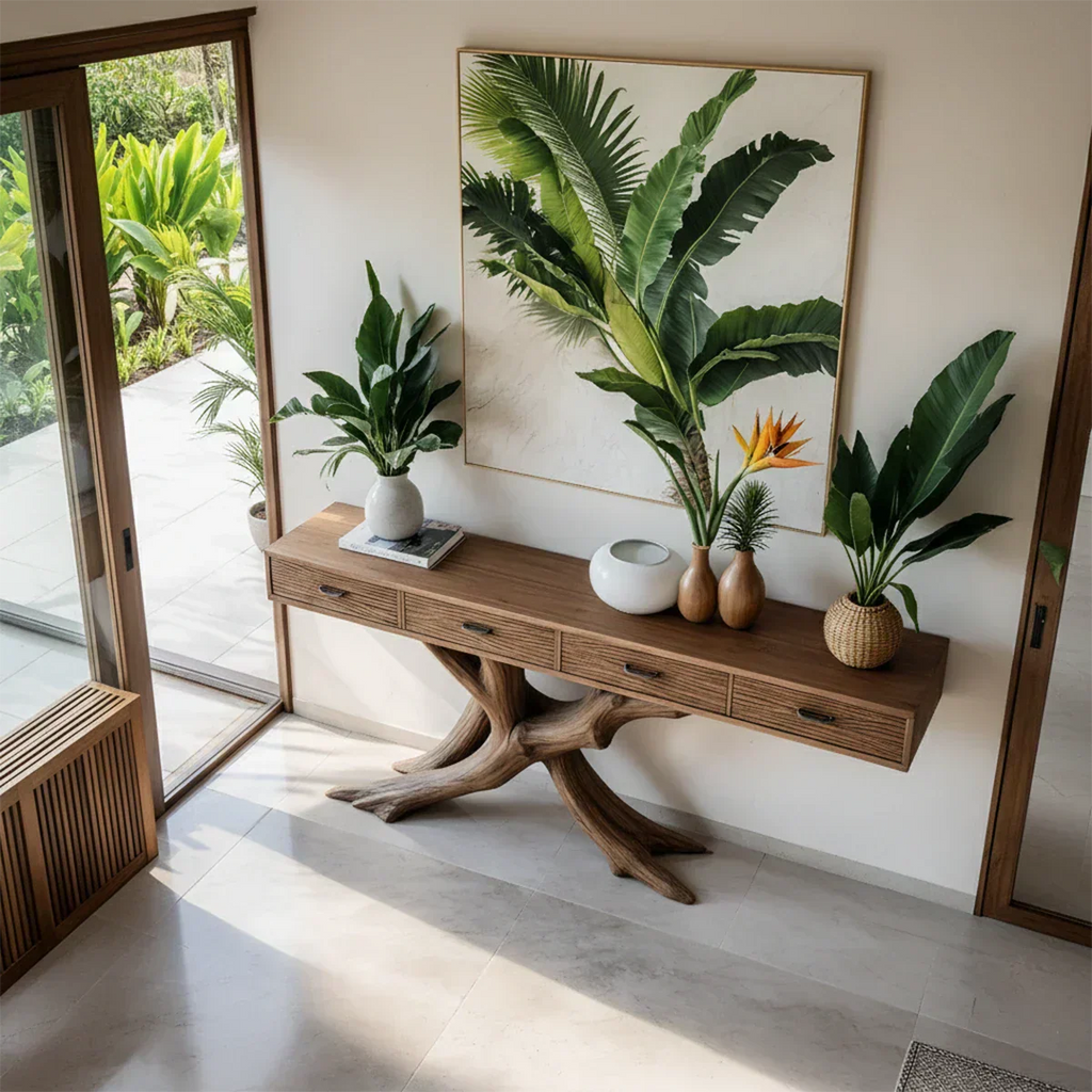 Solid Wood Console Table with Branch-Inspired Sculptural Base & Drawers - Rustirawood
