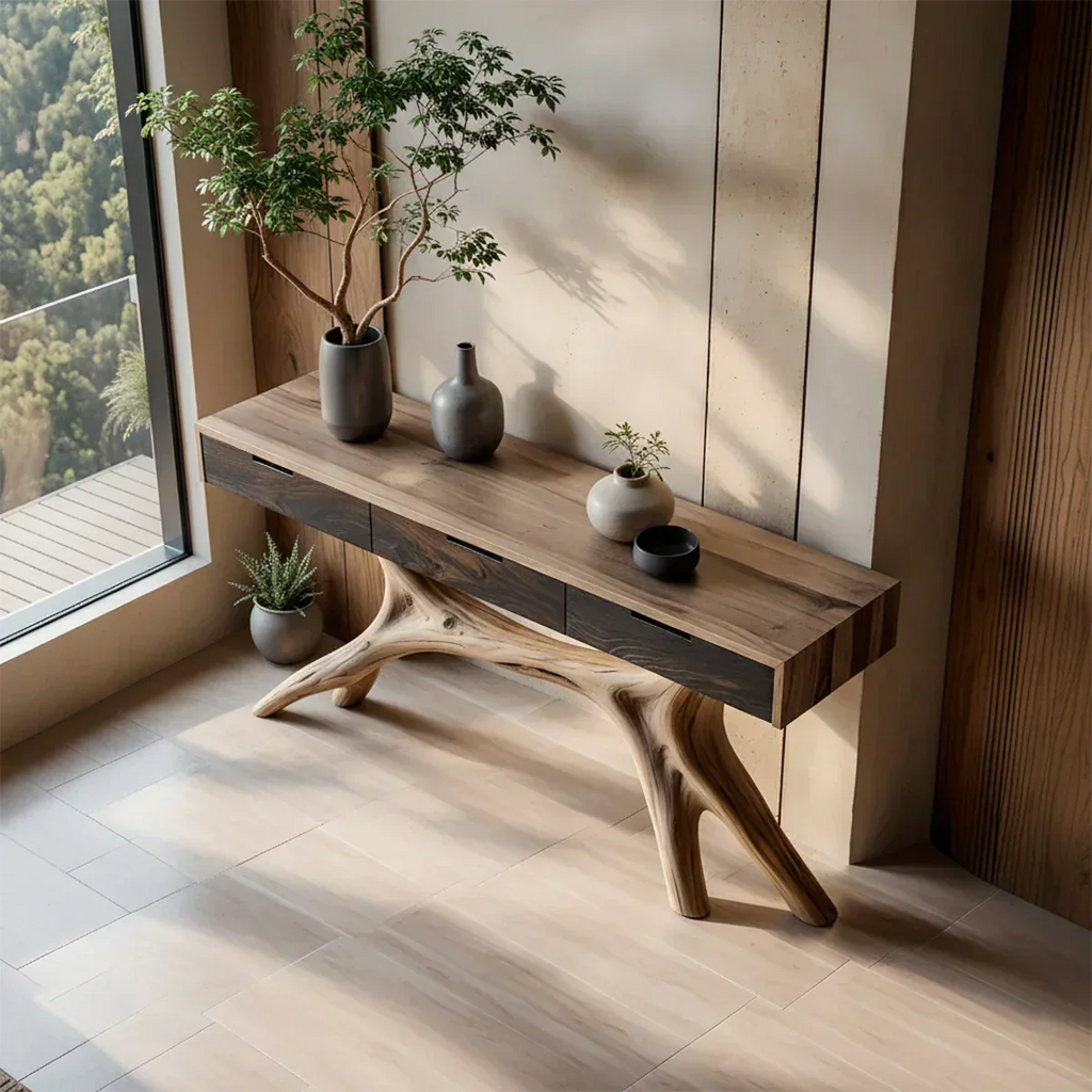 Solid Wood Console Table with Sculptural Branch-Form Base & Drawers - Rustirawood