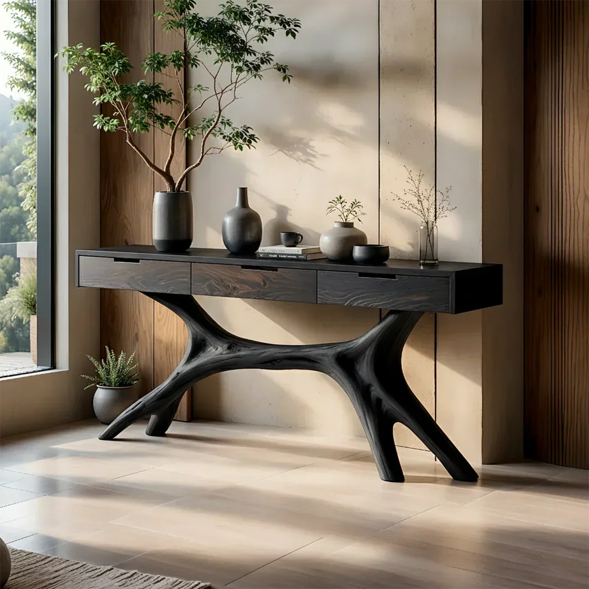 Solid Wood Console Table with Sculptural Branch-Form Base & Drawers - Rustirawood