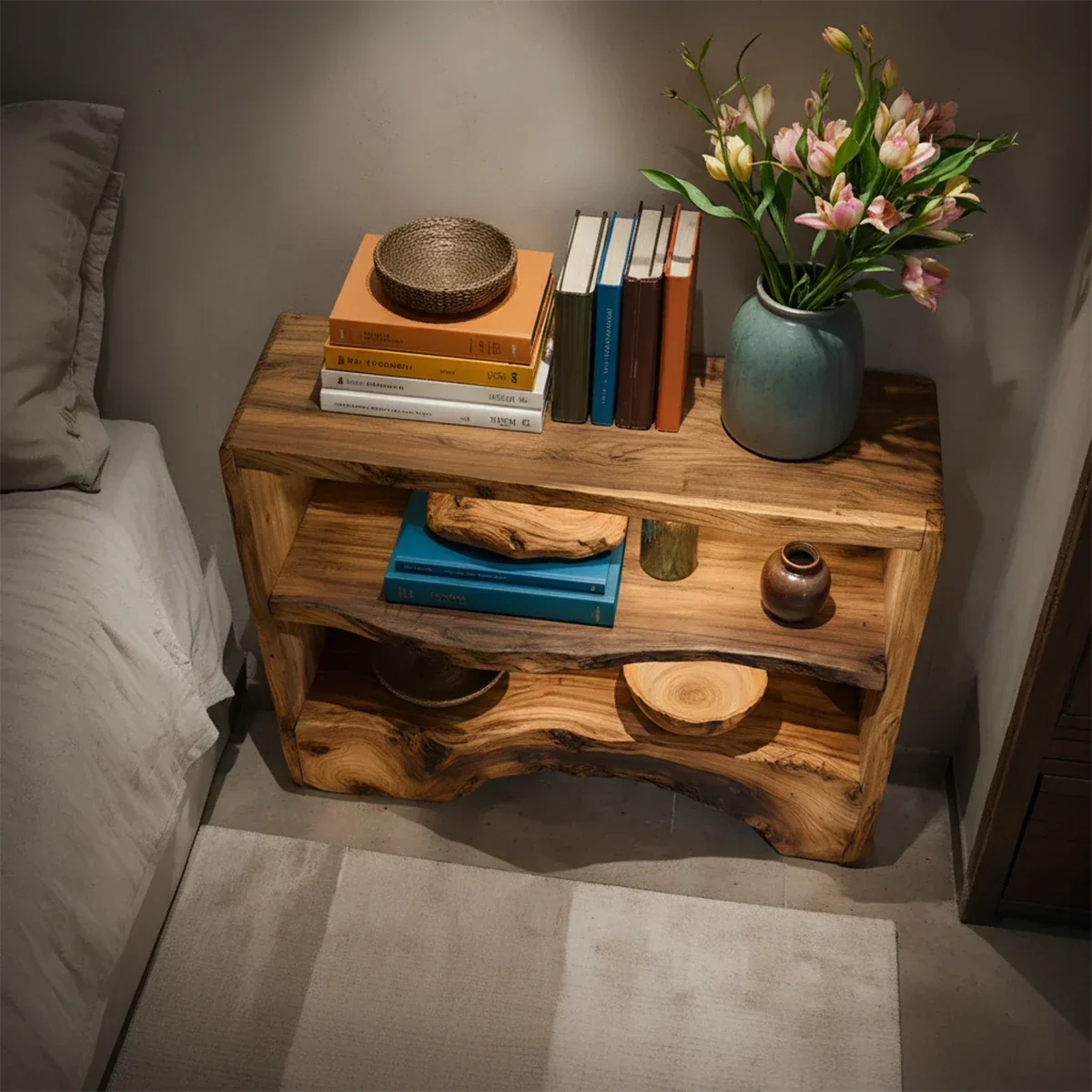 Solid Wood Nightstand – Natural Flow Design - Rustirawood