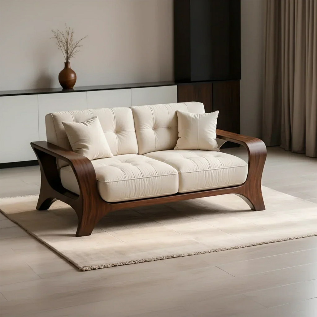 Solid Wood Sofa – Mid Century Curved Elegance Reborn - Rustirawood