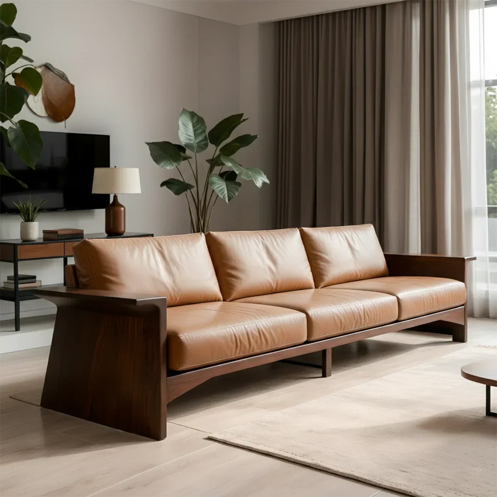 Solid Wood Sofa – Modern Warm Leather Harmony - Rustirawood