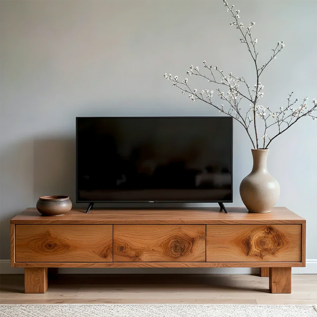 Solid Wood TV Stand – Minimalist Wabi Sabi Media Console with Natural Finish - Rustirawood