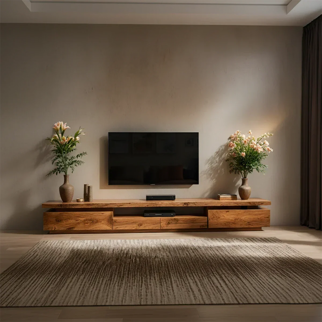 Solid Wood TV Stand – Modern Architectural Linear Design - Rustirawood