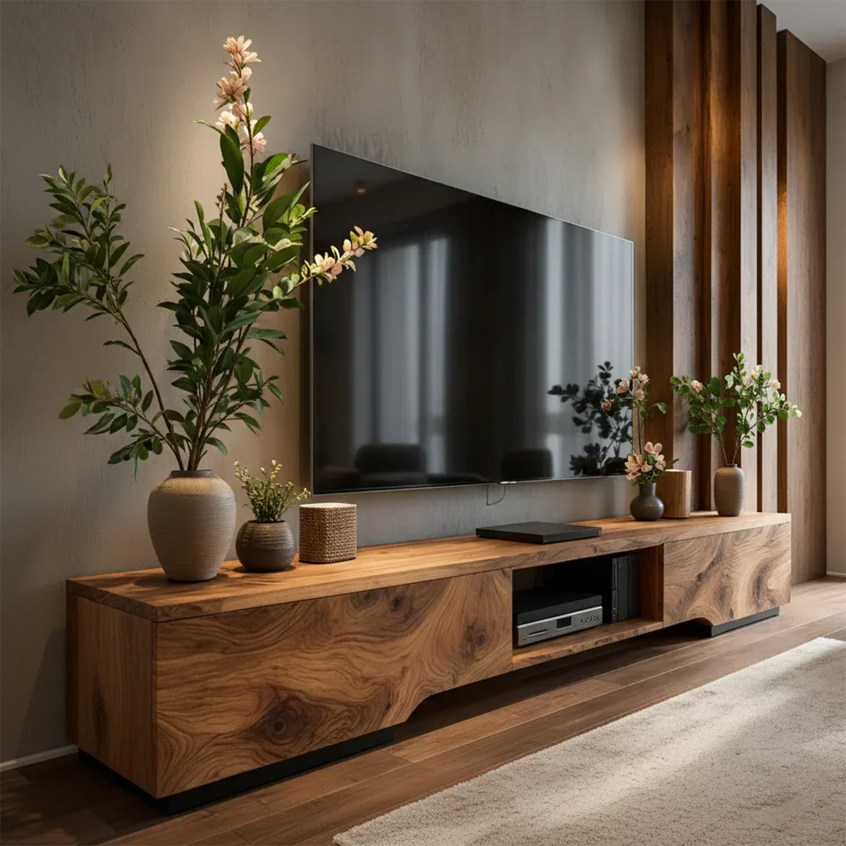 Solid Wood TV Stand – Modern Wabi Sabi Media Console - Rustirawood