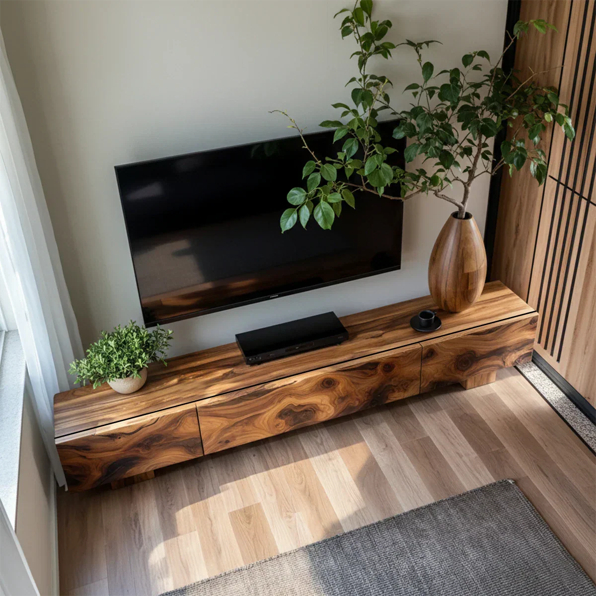 Solid Wood TV Stand – Natural Finish Wabi Sabi Media Console with Deep Grain Texture - Rustirawood