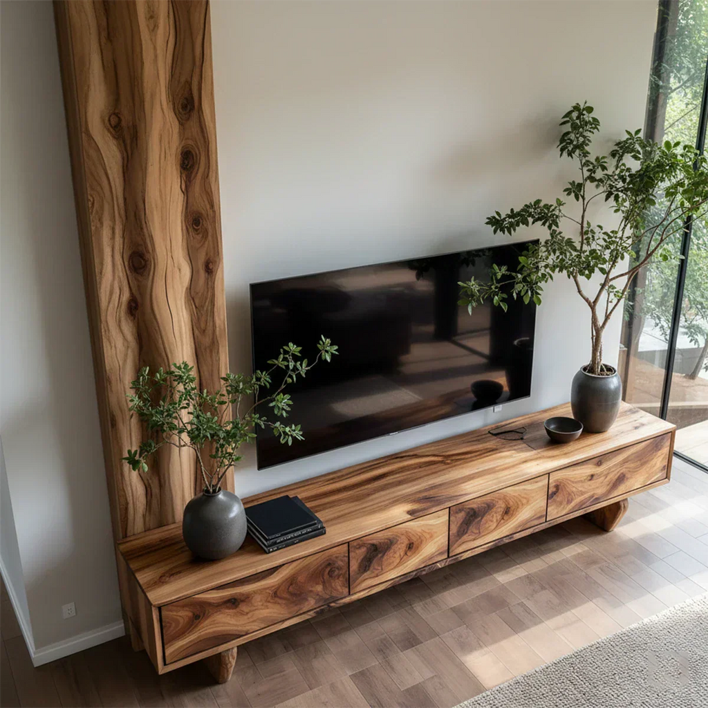 Solid Wood TV Stand – Wabi Sabi Media Console with Deep Natural Grain - Rustirawood