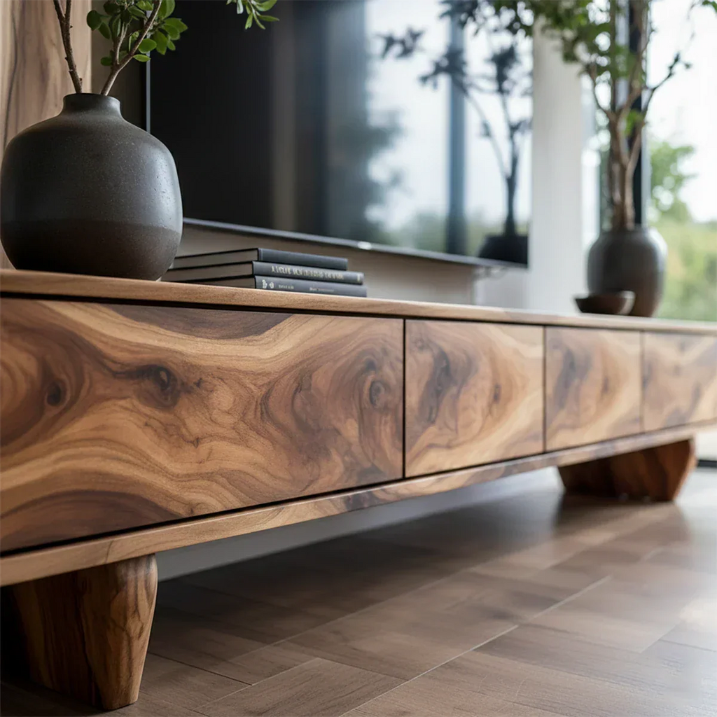 Solid Wood TV Stand – Wabi Sabi Media Console with Deep Natural Grain - Rustirawood