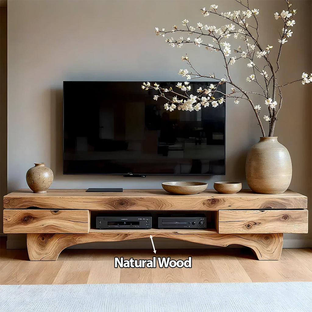 Solid Wood TV Stand – Wabi Sabi Media Console with Natural Finish & Handcrafted Details - Rustirawood