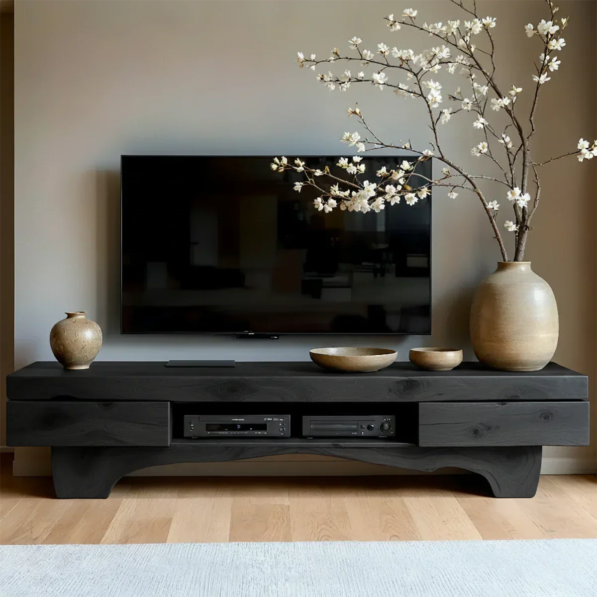 Solid Wood TV Stand – Wabi Sabi Media Console with Natural Finish & Handcrafted Details - Rustirawood