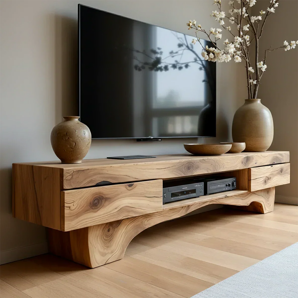 Solid Wood TV Stand – Wabi Sabi Media Console with Natural Finish & Handcrafted Details - Rustirawood