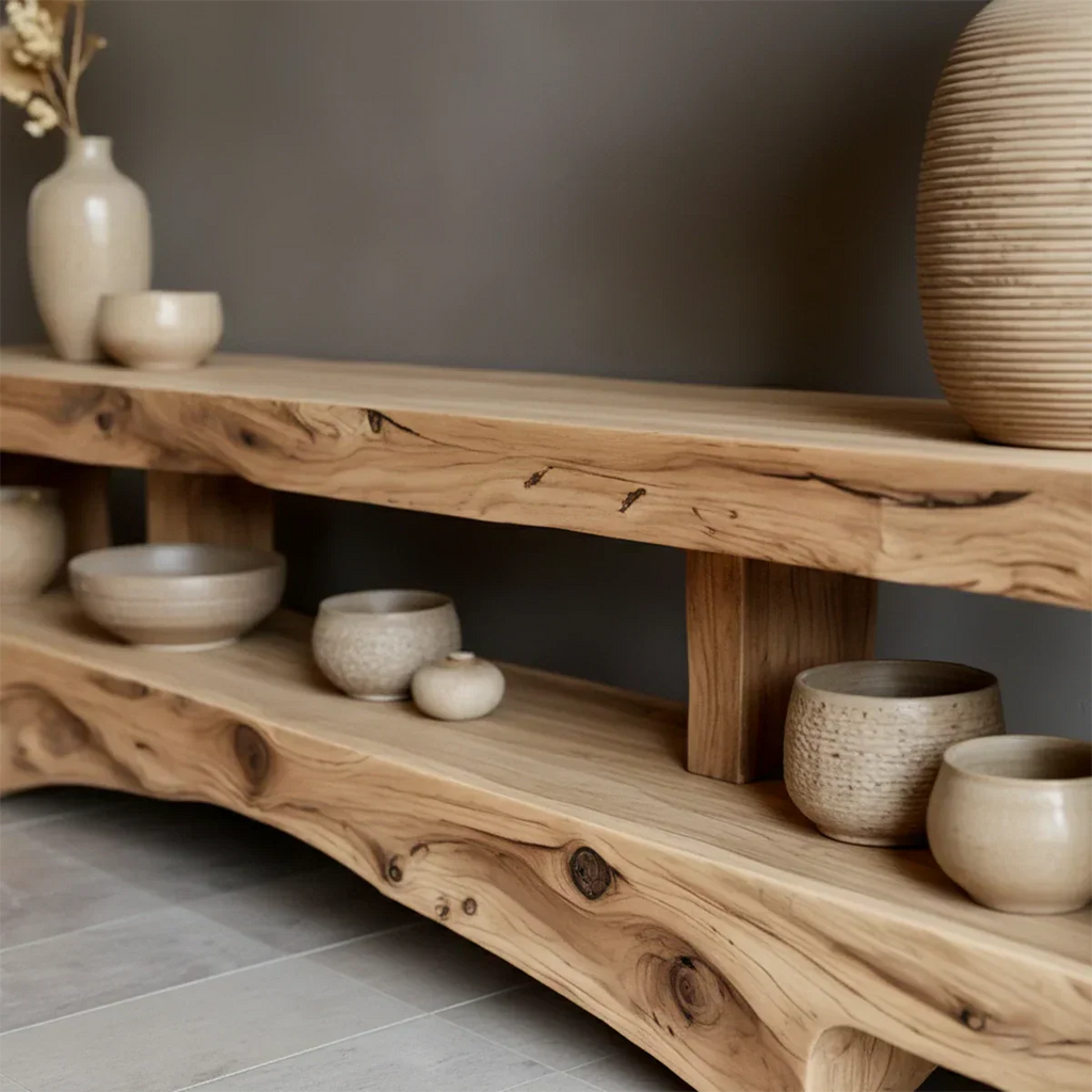 Solid Wood Wabi Sabi Console Table – Natural Finish Entryway & Living Room Shelf - Rustirawood