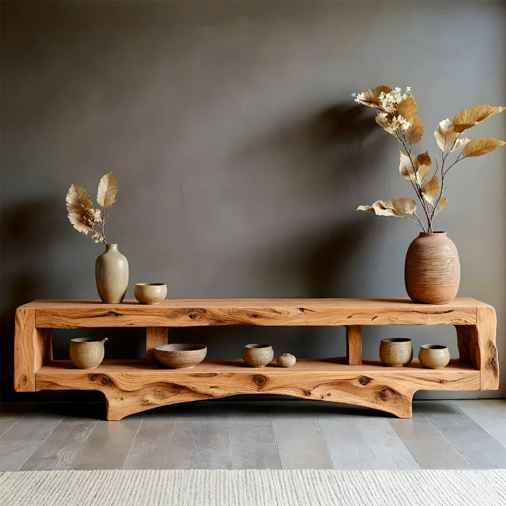 Solid Wood Wabi Sabi Console Table – Natural Finish Entryway & Living Room Shelf - Rustirawood