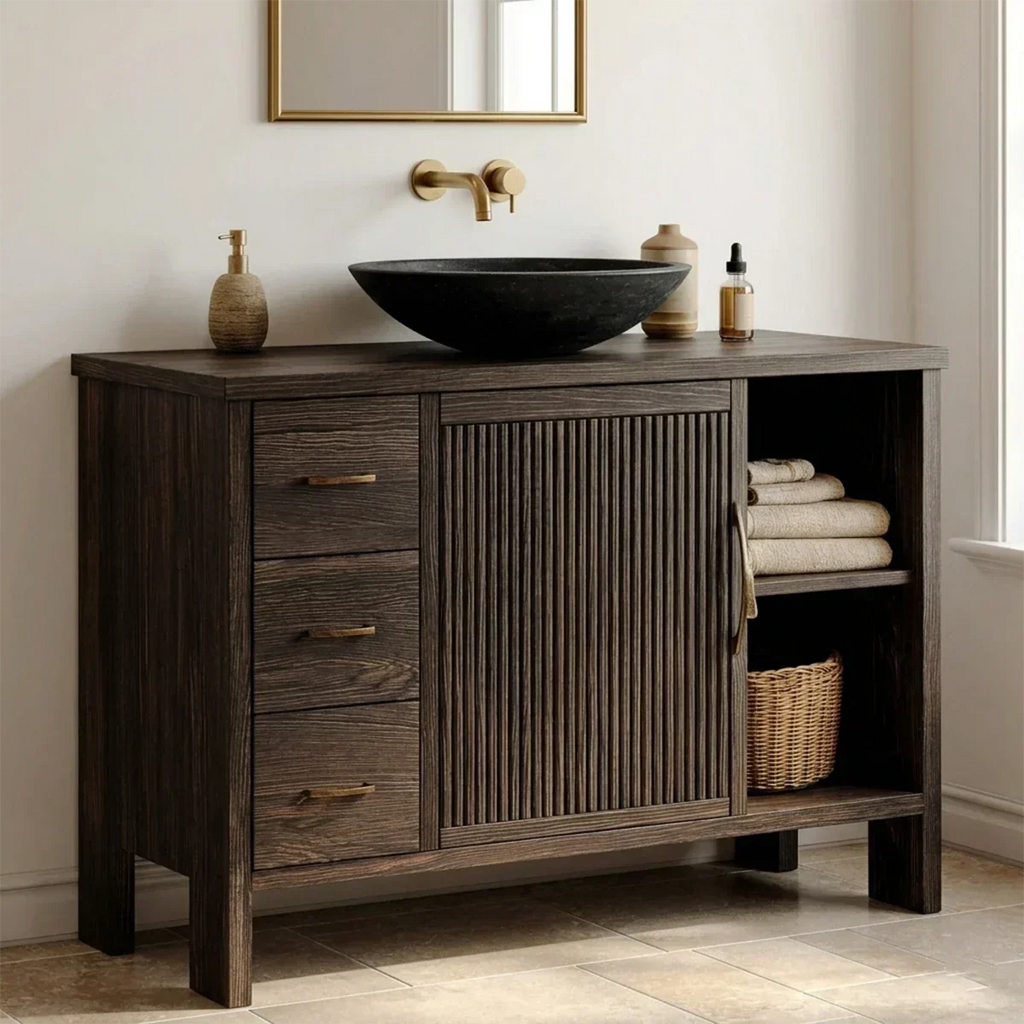 Traditional Bathroom Vanity Cabinet with Drawer Storage in Natural Solid Wood - Rustirawood