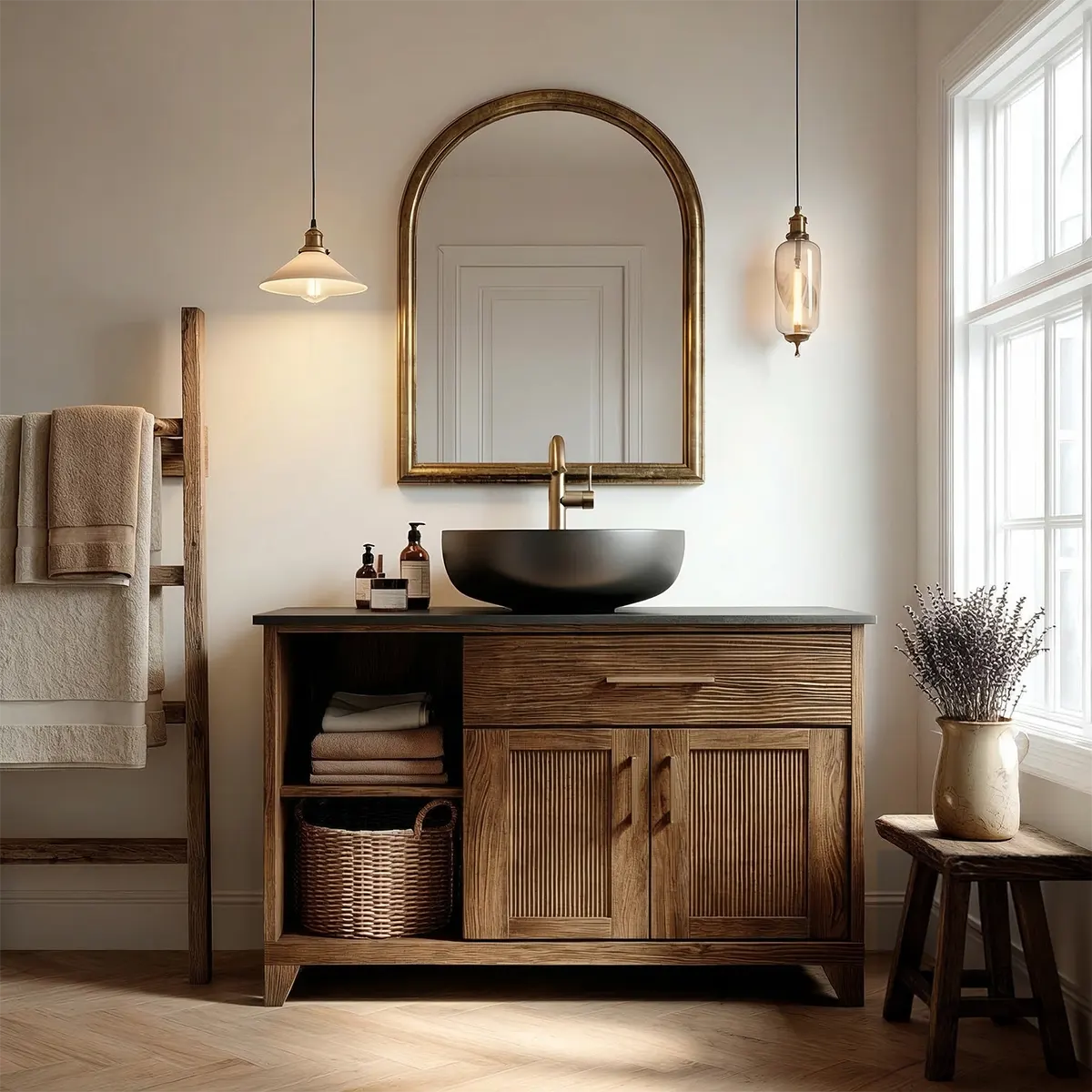 Traditional Bathroom Vanity Cabinet with Storage in Natural Solid Wood - Rustirawood