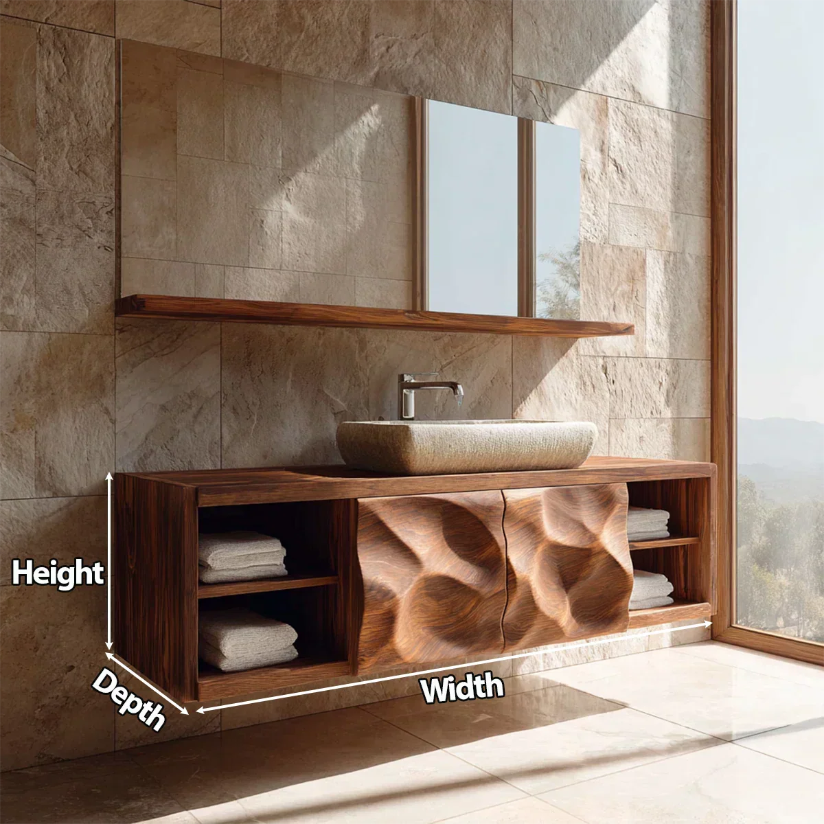 Traditional Natural Solid Wood Bathroom Vanity Cabinet with Hand Carved Doors - Rustirawood