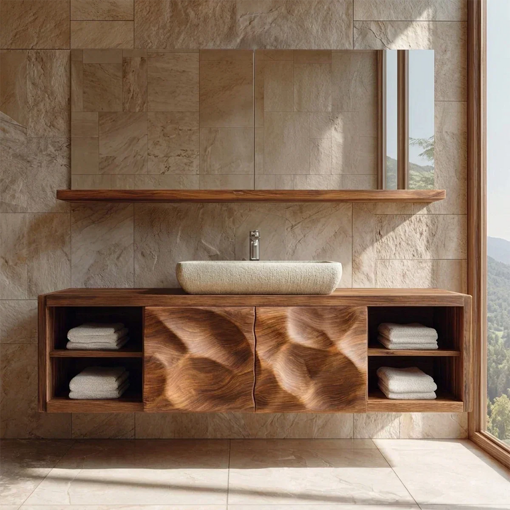 Traditional Natural Solid Wood Bathroom Vanity Cabinet with Hand Carved Doors - Rustirawood