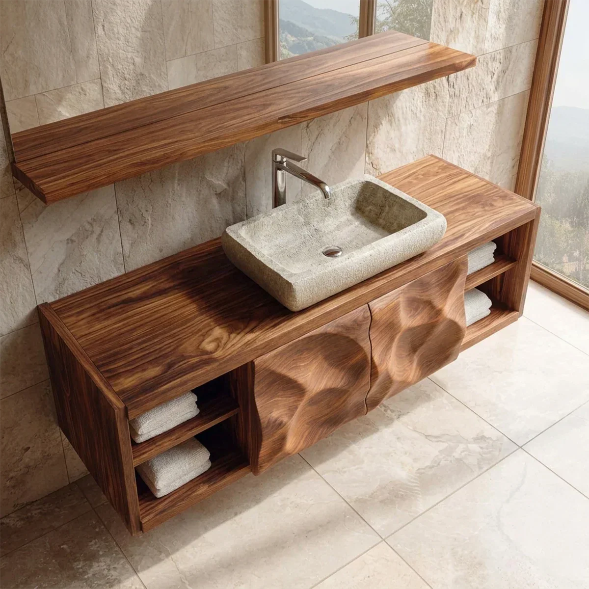 Traditional Natural Solid Wood Bathroom Vanity Cabinet with Hand Carved Doors - Rustirawood