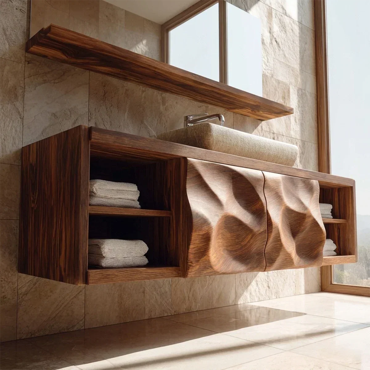 Traditional Natural Solid Wood Bathroom Vanity Cabinet with Hand Carved Doors - Rustirawood