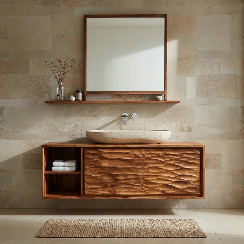 Traditional Solid Wood Bathroom Vanity Cabinet with Hand Carved Wood Doors