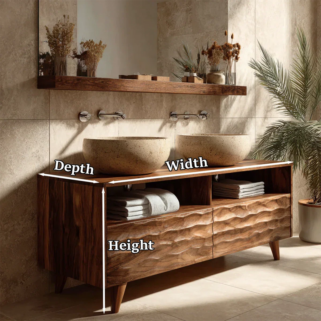 Traditional Solid Wood Bathroom Vanity – Hand Carved Natural Wood Storage Cabinet - Rustirawood
